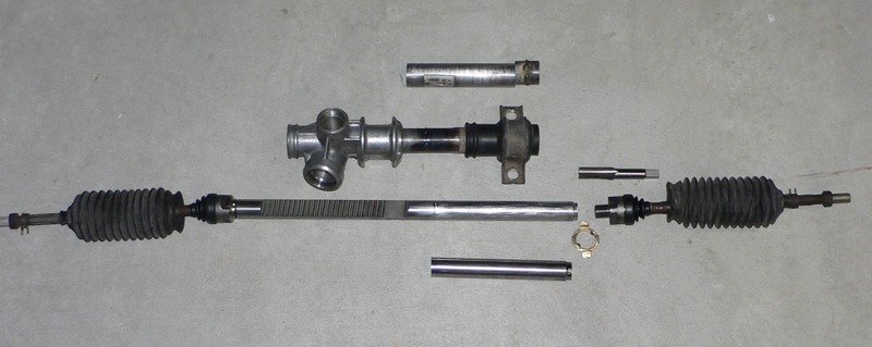 Shortened Miata steering rack components.